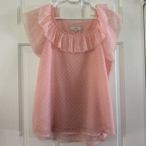 Loft Light Pink Polka Dot Ruffle Shoulder Blouse